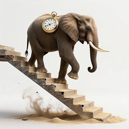 Photograph of a large elephant with a clock on its back climbing a crumbling staircase, dust clouding at the base.