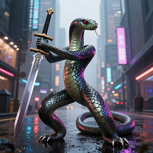 Cyberpunk Snake Warrior in Neon City