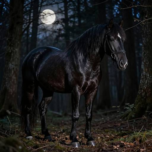 Black Horse in Moonlit Forest