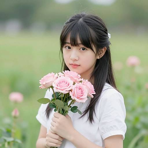 Cute Girl Holding Pink Flowers Portrait