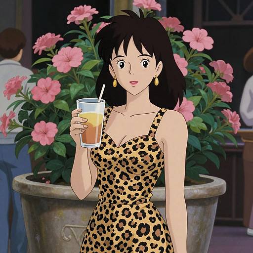 Anime-style digital illustration of a woman with black hair, wearing a leopard-print dress, holding a glass of orange drink, surrounded by pink flowers, with