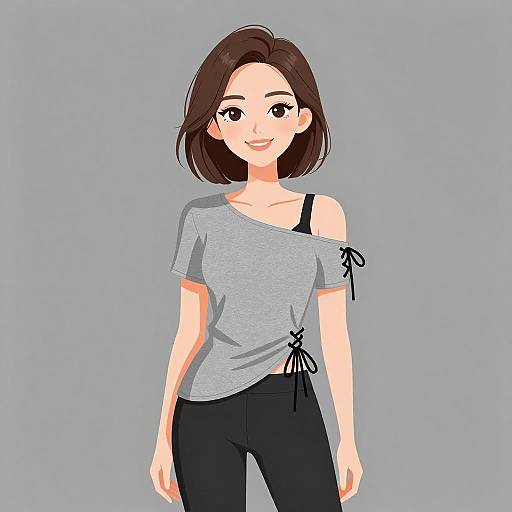 Digital illustration of a smiling Asian woman with shoulder-length brown hair, wearing a gray off-shoulder top and black pants, against a plain gray background