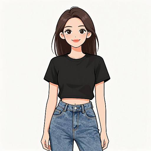 Digital anime-style drawing of an Asian woman with long black hair, wearing a black crop top and blue jeans, standing against a white background.