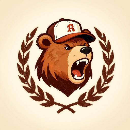 Digital illustration of a roaring brown bear wearing a white and red baseball cap, surrounded by a brown laurel wreath.