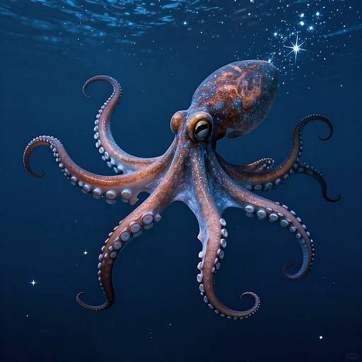 Digital illustration of a vibrant orange and white octopus with glowing eyes and suction cups, swimming in a deep blue, starlit ocean.