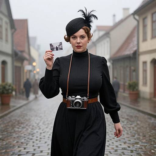 Photograph of a vintage-style woman in black dress, hat with feather, and camera, standing on a cobblestone street in a foggy,