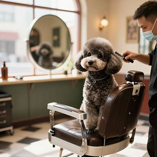 Photograph of a fluffy gray and white poodle sitting in a black leather dog grooming chair, being brushed by a male groomer in a vintage-style