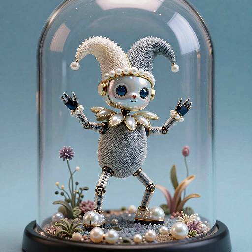 Whimsical Robot Jester in Glass Dome