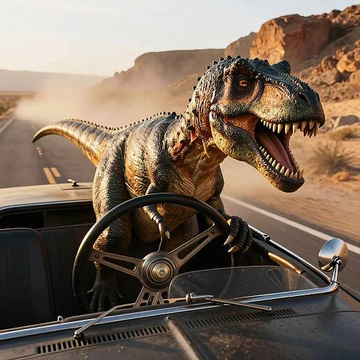 Photorealistic CGI: A detailed, green-scaled, roaring dinosaur with sharp teeth, gripping a car steering wheel on a desert highway.