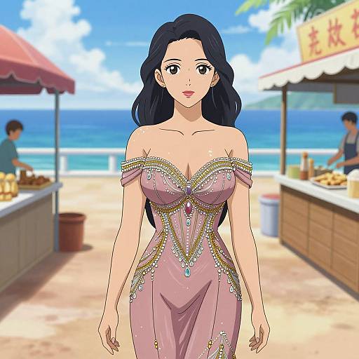 Digital anime-style drawing of a beautiful woman with long black hair in a pink, off-shoulder, beaded dress, standing on a sunny beach