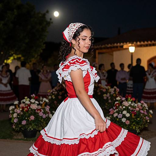 Photograph of a Latina woman with curly black hair in a red and white traditional Spanish dress, dancing at night with a moonlit background and blurred crowd