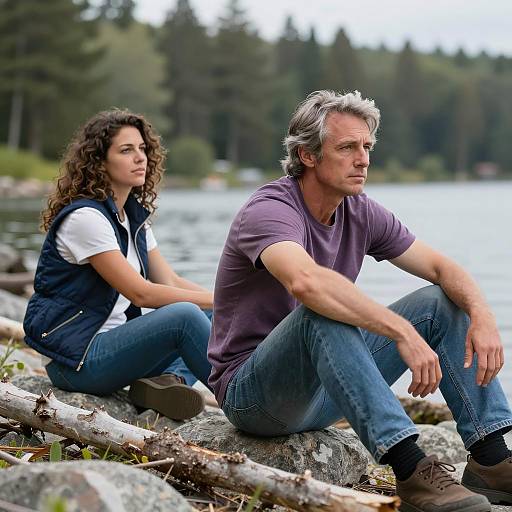 Photograph of a middle-aged man with gray hair in a purple t-shirt and blue jeans, and a curly-haired woman in a white shirt and navy