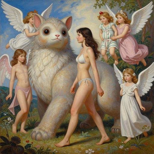 Digital painting of five angelic girls with wings, wearing various outfits, surround a large, fluffy white cat in a lush, floral garden.