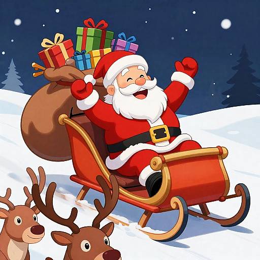Cartoon Santa Claus Flying Sleigh with Gifts