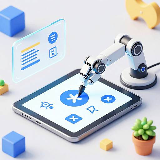 Photograph of a modern desk with a tablet, microscope, and digital screen displaying blue icons; surrounded by colorful cubes and a small potted plant.