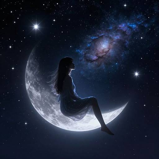 Silhouetted woman with long hair sitting on a glowing crescent moon, surrounded by a starry night sky and a vibrant galaxy. Digital art