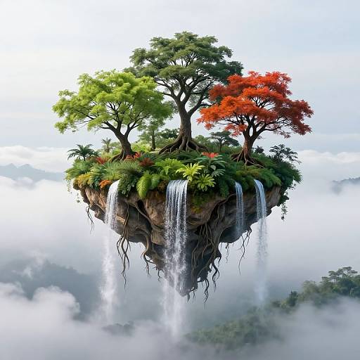 Digital artwork of a floating island with lush green and vibrant red trees, cascading waterfalls, surrounded by misty clouds.