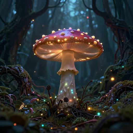 Photograph of a glowing, red-capped mushroom with multicolored fairy lights in a dark, enchanted forest, surrounded by moss and small plants.