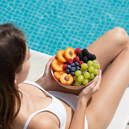 Photograph: Woman in white bikini by turquoise pool, holding colorful fruit bowl with peaches, grapes, blackberries, and raspberries.