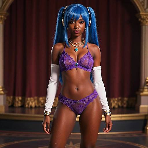 Digital CGI of a dark-skinned woman with blue hair in purple lace lingerie, white arm sleeves, and jewelry, standing in front of a maroon