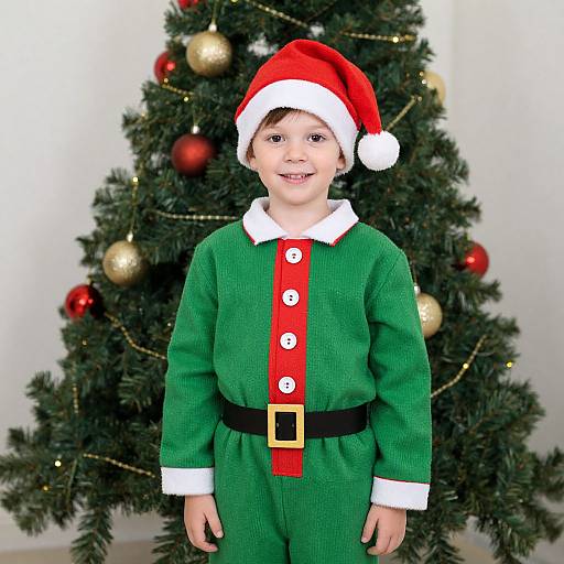 Photograph of a smiling young boy in a green elf costume with red buttons, black belt, and Santa hat, standing in front of a decorated Christmas