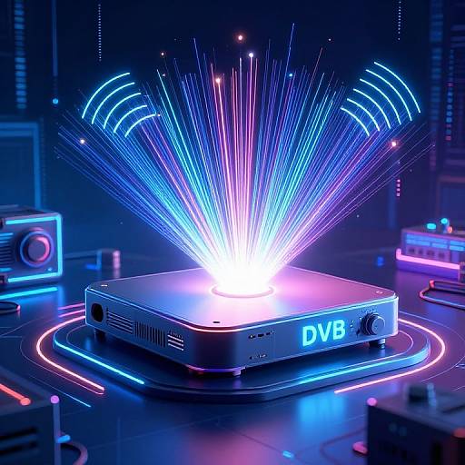 Photorealistic CGI of a glowing, neon-lit DVD player emitting vibrant blue and purple light beams, surrounded by futuristic, darkened tech devices.