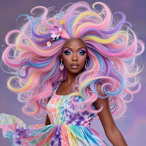 Digitally rendered image of a dark-skinned woman with vibrant, multicolored, wavy hair, wearing a colorful, galaxy-patterned dress,