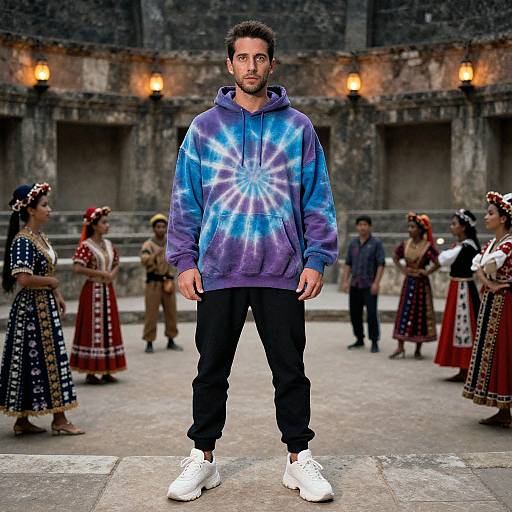 Photograph of a man in a blue tie-dye hoodie, black pants, and white sneakers, standing in front of a group of traditional Mexican dancers