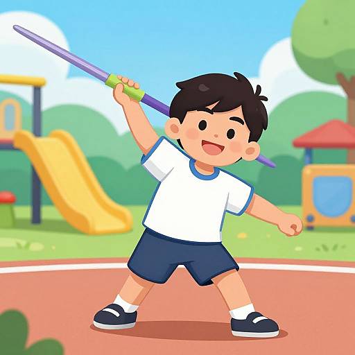 Cartoon of a cheerful young boy with black hair, wearing a white shirt and blue shorts, holding a javelin, standing in a colorful playground with