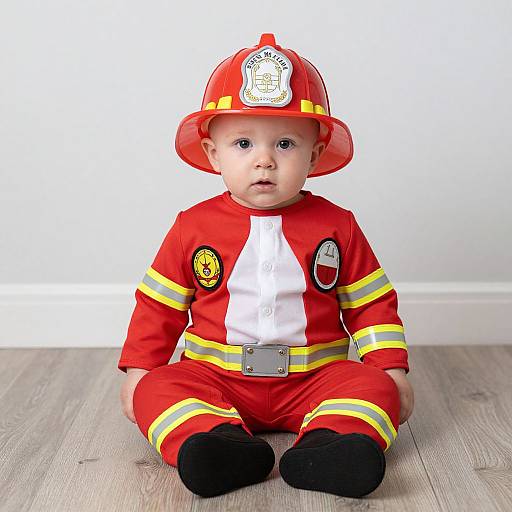 Photograph of a baby sitting on wooden floor, wearing a red firefighter outfit with yellow stripes, white shirt, and red helmet.