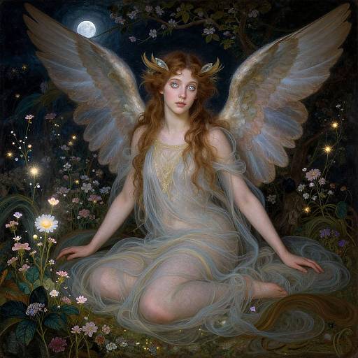 Digital painting of a fair-skinned, ethereal angelic woman with long red hair, translucent wings, and golden horns, sitting among glowing flowers under