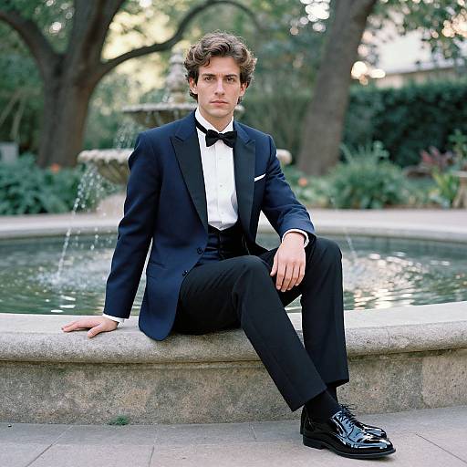 Young man with curly brown hair, wearing a black tuxedo, white shirt, and black bow tie, sits on a stone edge by a circular