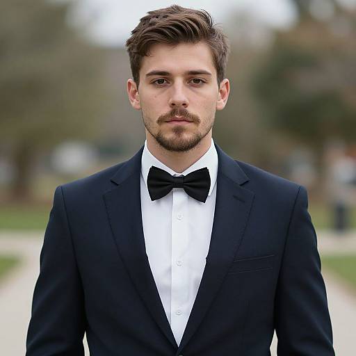 Photograph of a handsome young man with short brown hair, beard, wearing a black tuxedo with a white shirt and black bow tie, standing