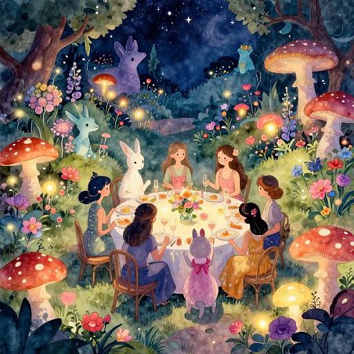 Whimsical night scene: five girls, fairy lights, glowing mushrooms, rabbits, and flowers around a luminous dinner table in a magical forest.