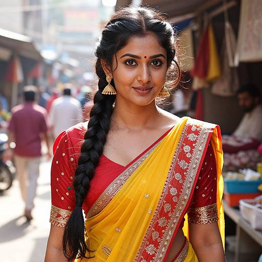 Photograph of an Indian woman with long black braided hair, wearing a red and yellow sari with gold embroidery, standing in a bustling market.