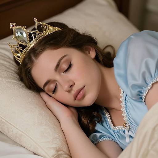 Photograph of a young woman with fair skin, brown hair, and closed eyes, sleeping on a beige pillow. She wears a gold crown and a
