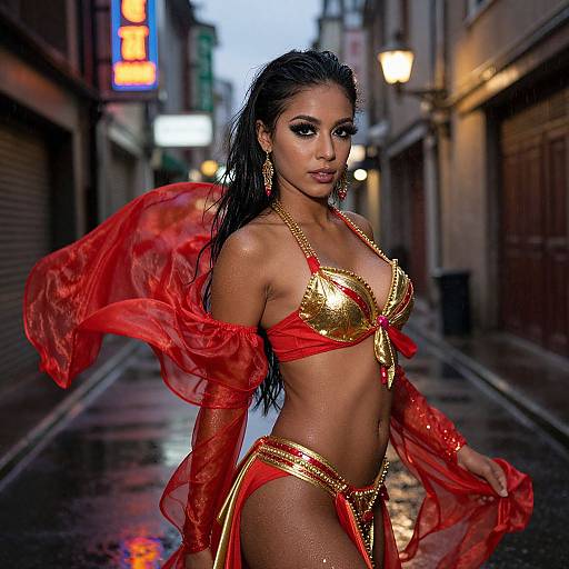 Photograph of a dark-haired woman in a gold and red bikini, sheer red shawl, and gold chain accessories, standing in a wet, dim
