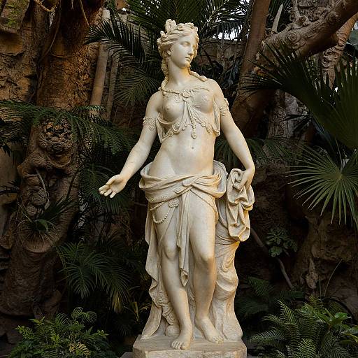 Photograph of a classical white marble statue of a draped, slender, and elegant goddess with a floral crown, holding a cloth, set against a dark