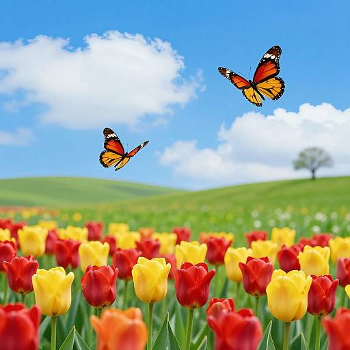 Photograph of two orange-black butterflies flying above a vibrant field of red and yellow tulips under a bright blue sky with white clouds.