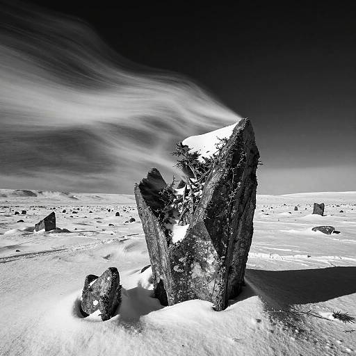 Black-and-white photograph of a snow-covered landscape with jagged, snow-laden rocks under a cloudy sky, creating a dramatic, high-contrast scene