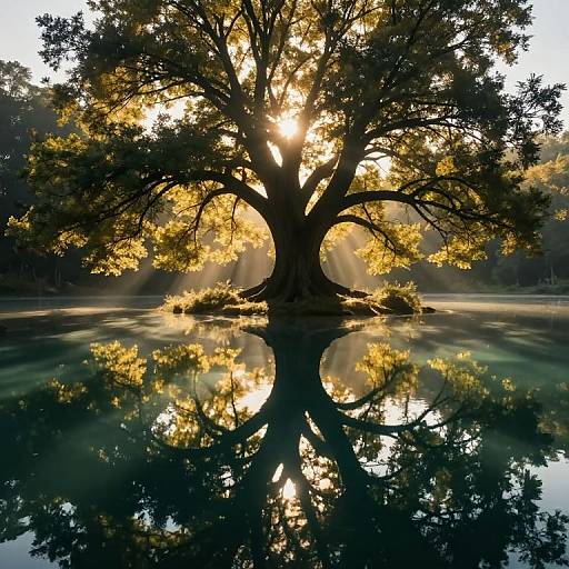 Photograph of a grand, sunlit tree with golden leaves, reflected in a calm, mirror-like pond, creating a symmetrical, peaceful scene.