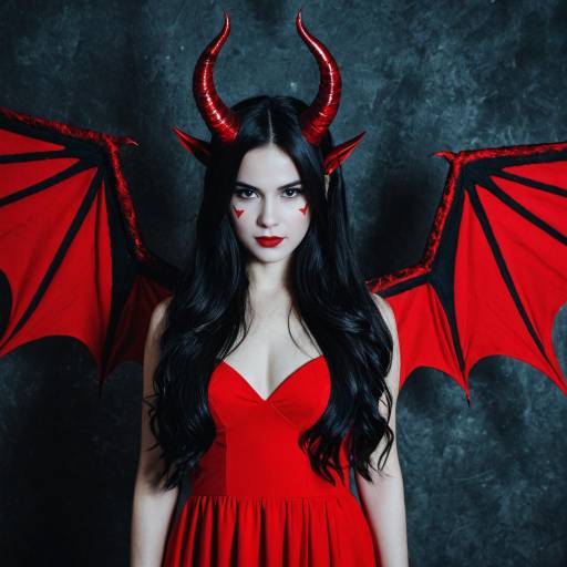 Woman in Red Devil Costume with Horns and Wings