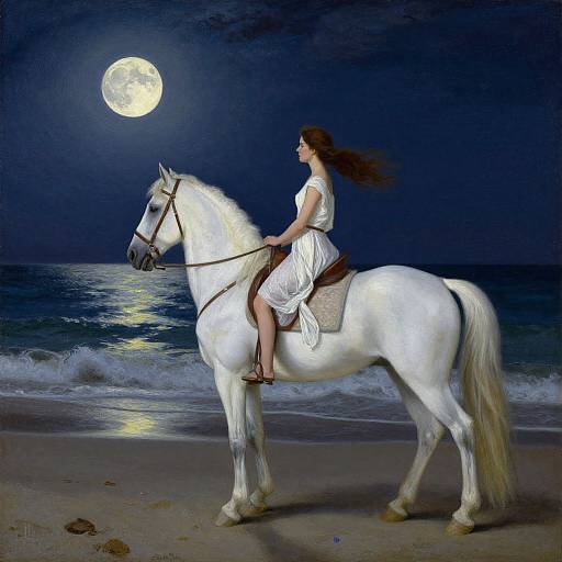 Digital painting of a woman in a white dress riding a white horse on a moonlit beach, with gentle waves in the background.