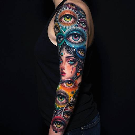Photograph of a person with a vibrant, colorful tattoo sleeve featuring multiple eyes in various sizes and colors on their arm. Wearing a black sleeveless