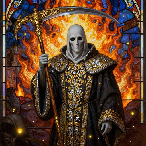 Digital art of a skeletal figure in ornate black and gold armor, holding a scythe, set against a fiery backdrop and stained glass window.