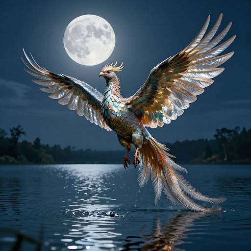 Digital artwork of a majestic phoenix with expansive wings, mid-flight over a moonlit lake, reflecting on the water. Full moon in the dark night sky