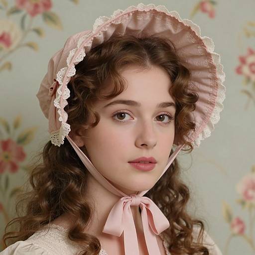 Photograph of a young woman with fair skin, brown curly hair, wearing a pink lace bonnet and ribboned blouse, against a floral wallpaper background