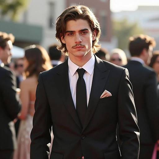 Young Man in Black Suit at Outdoor Event
