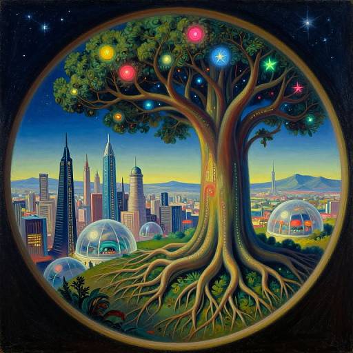 Digitally illustrated futuristic cityscape through a circular frame, featuring a glowing tree with colorful stars, skyscrapers, and dome-shaped buildings.