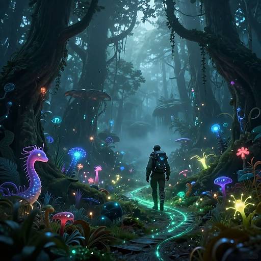 Digital art of a lone explorer in a glowing, bioluminescent forest, surrounded by colorful, neon fungi and luminescent plants, with a